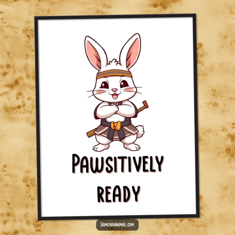 Funny Poster featuring a cheerful rabbit in a dynamic samurai pose, paws crossed, perfect for adding heroic and playful art.