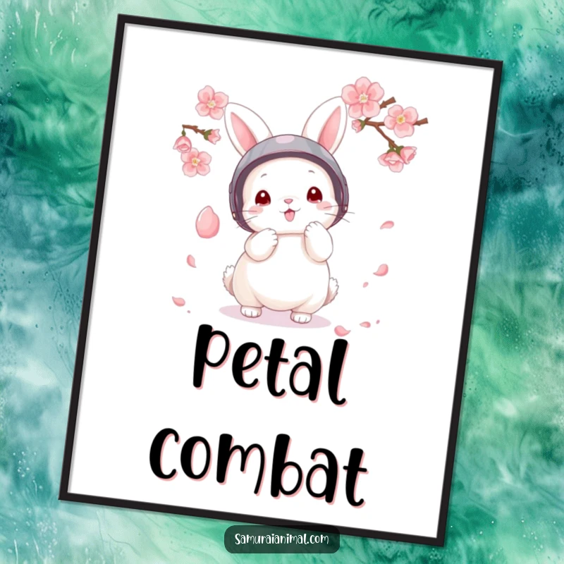 Funny Poster illustrating a determined fluffy bunny in a small helmet parrying a delicate falling cherry blossom petal.