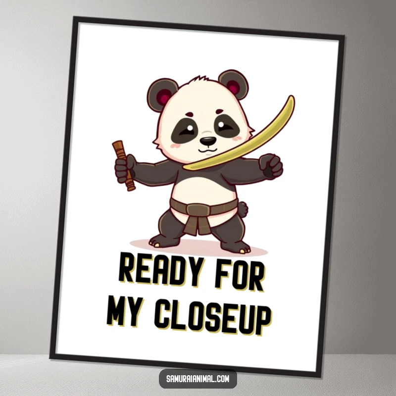 Funny panda warrior poster showcasing a dramatic pose with a bamboo sword, making it humorous wall art and a perfect gift.