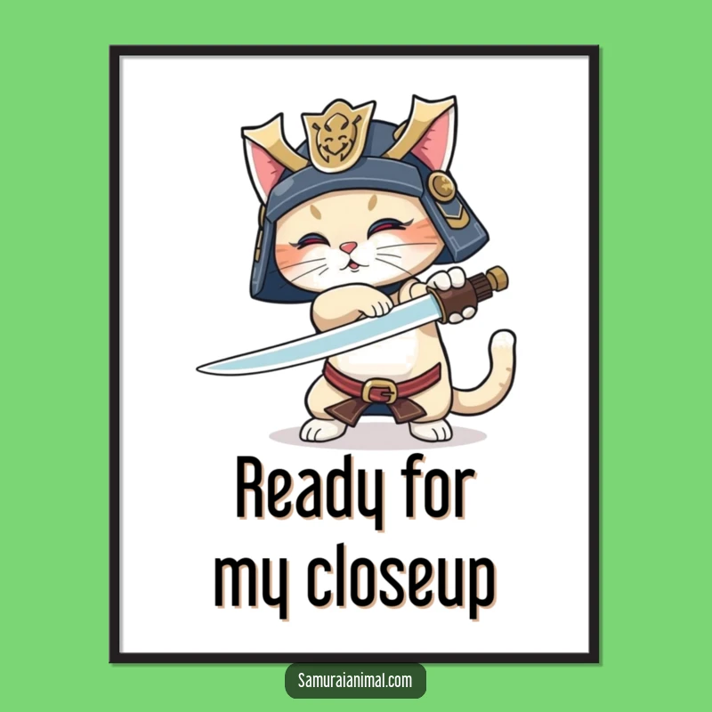 Funny Samurai Cat Poster: Epic Warrior, Sword Trick, Wagging Tail, Decorate with Funny Art