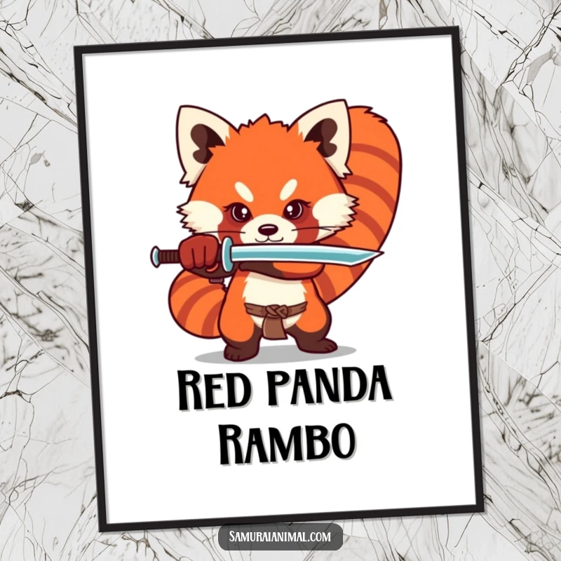 Funny red panda poster showing a stylized character in a dramatic sword stance, perfect for vibrant and fierce wall decor.