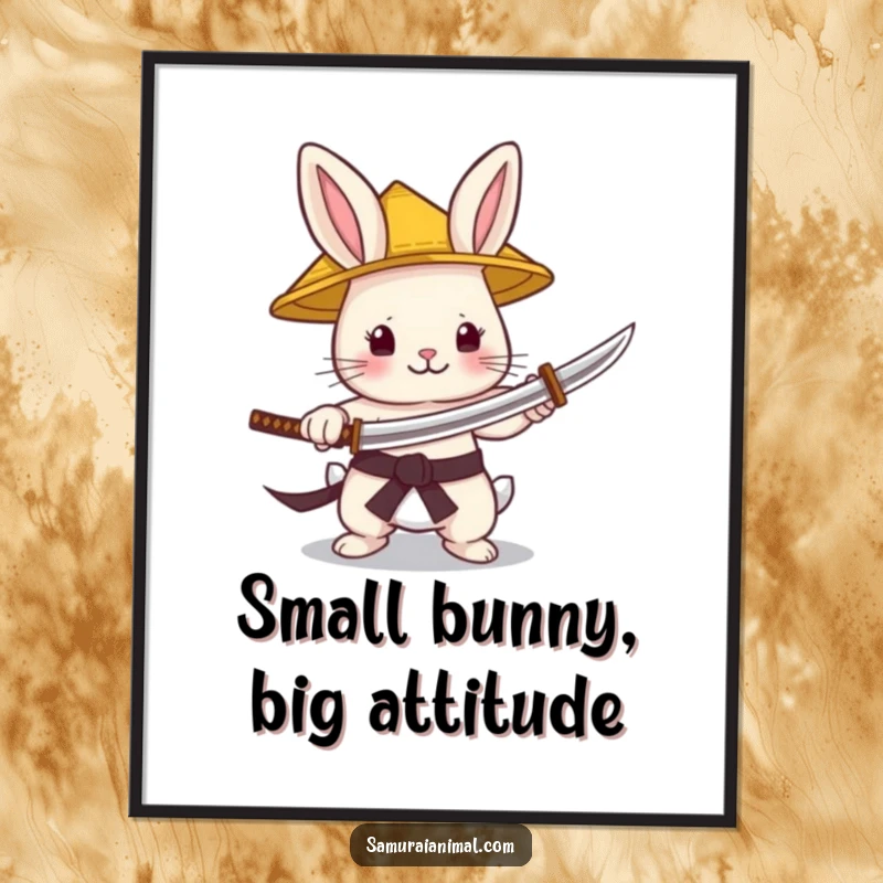 Funny Poster illustrating a tiny bunny in a straw hat, joyfully wielding a minuscule katana with fierce, adorable determination.