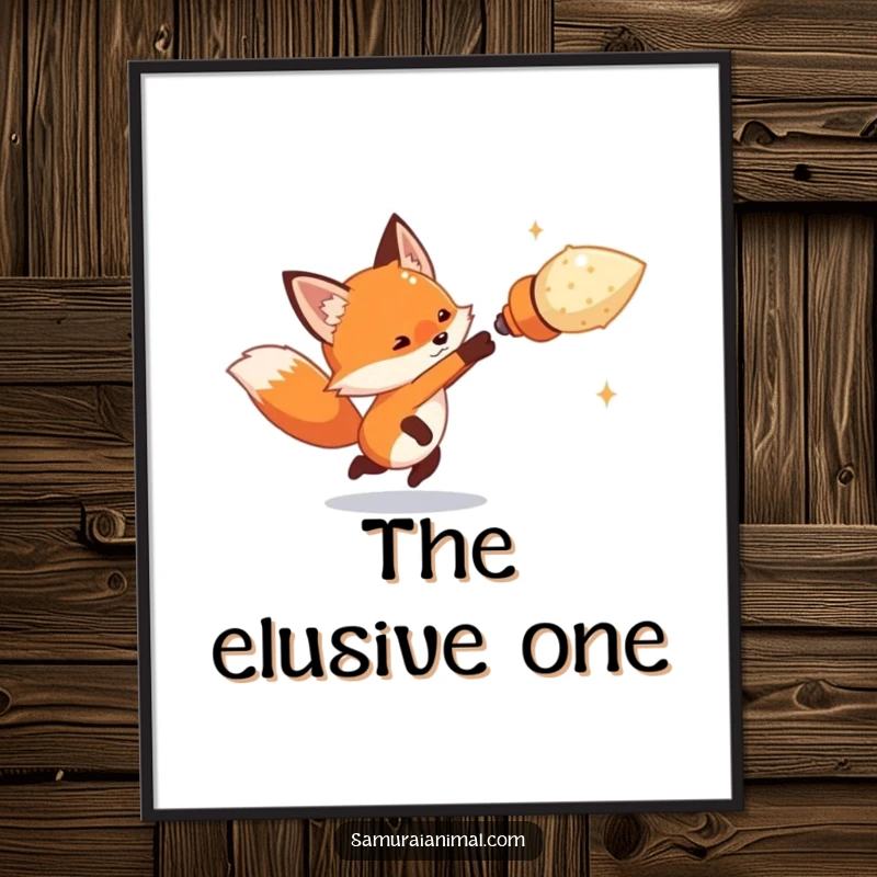 Funny tiny fox artfully dodging an oversized imaginary projectile with swift movement, a humorous art poster.