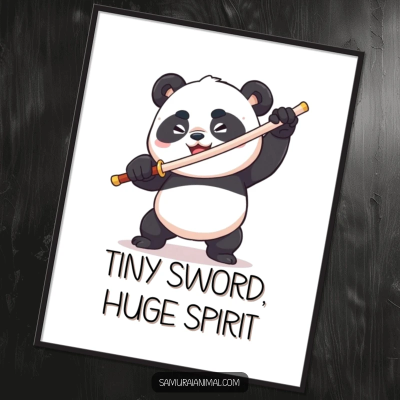 Funny plump panda wielding a toothpick sword, fierce & comical, determined grin, animal warrior poster, vibrant decor.