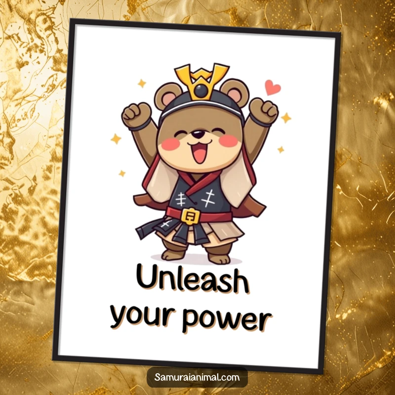 Funny poster showcasing a courageous bear in a samurai outfit, cheering triumphantly with pure joy, embodying warrior spirit.