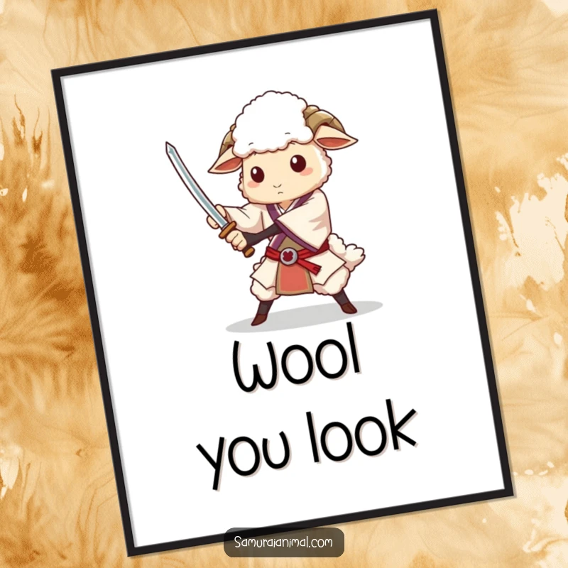 Funny poster art of a dignified sheep character executing a graceful sword flourish, adding heroic charm to any room.