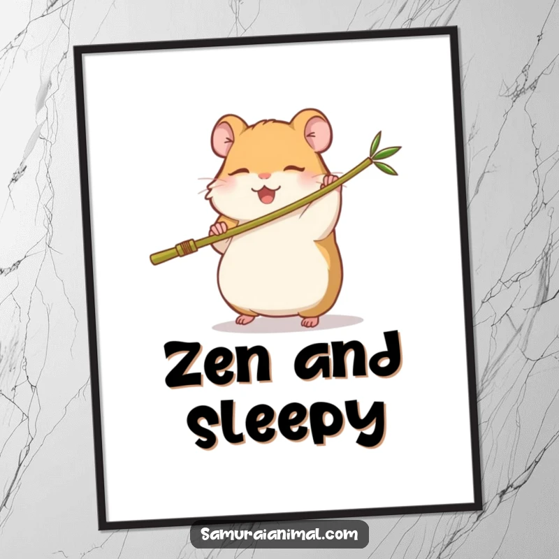 Funny poster featuring a small, happy hamster playfully swinging a miniature bamboo staff, embodying a cute and sleepy martial arts master.