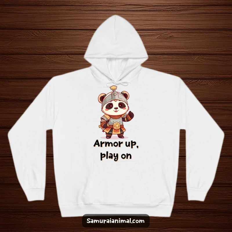 Funny Panda Armor Hoodie, a tiny panda in ancient armor striking a playful, wobbly pose, comfortable and cute.