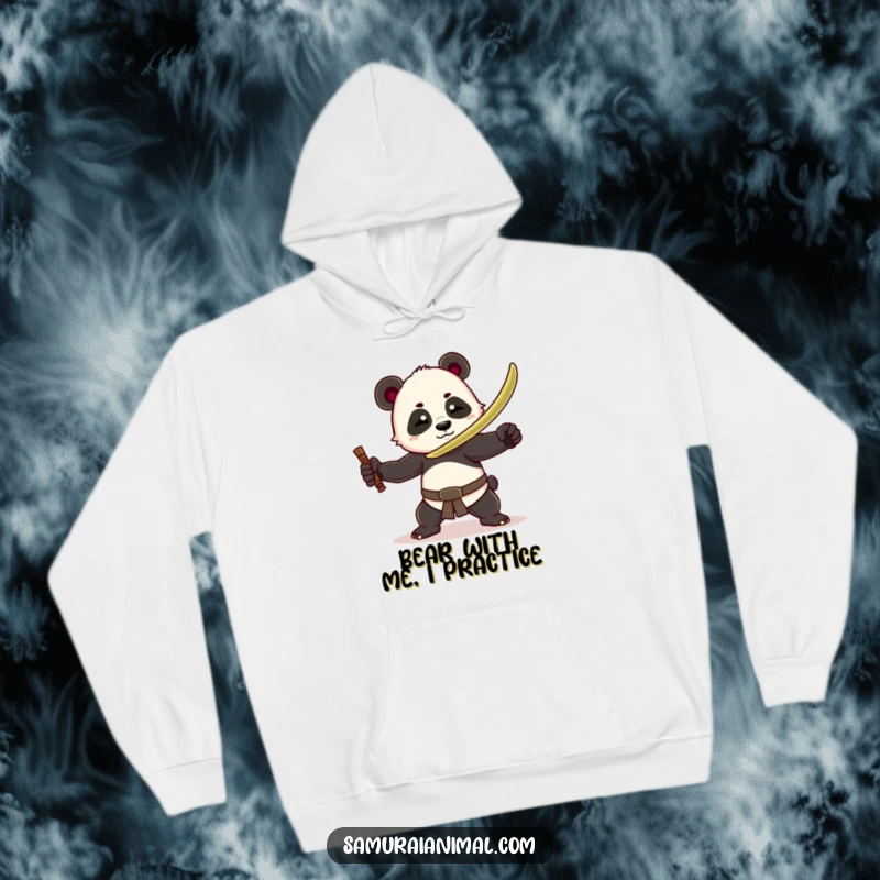Funny panda warrior hoodie featuring a cute panda with a bamboo sword in a dramatic, humorous pose, ideal for a cozy gift.
