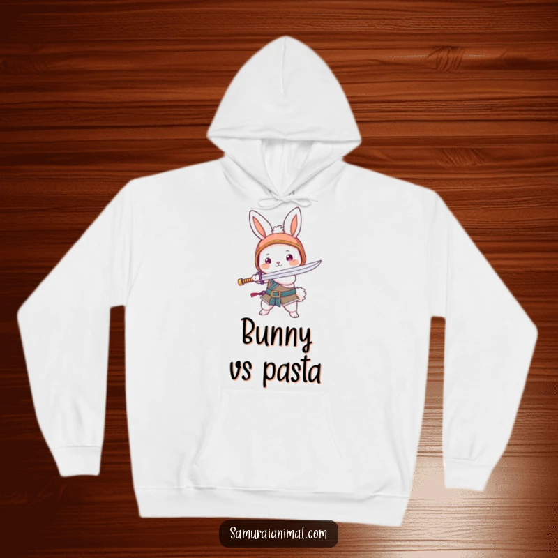 Funny hoodie featuring a fluffy bunny in a small helmet, swinging a noodle sword. Cozy and warrior-inspired.