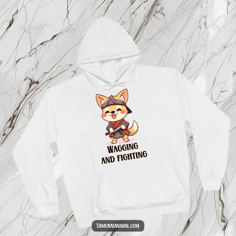 Funny Hoodie featuring a cheerful dog in samurai attire wagging its tail and holding a sai, designed for cozy humor.