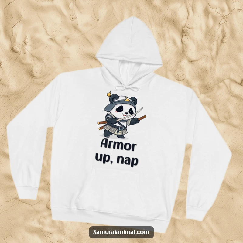 Funny Hoodie featuring a plump panda dressed in samurai armor, playfully twirling a bamboo sword, offering cozy humor.
