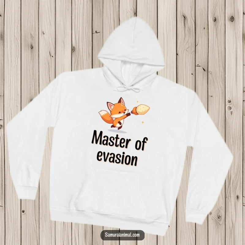 Funny tiny fox artfully dodging an oversized imaginary projectile from a cozy hoodie, a design for playful agility.