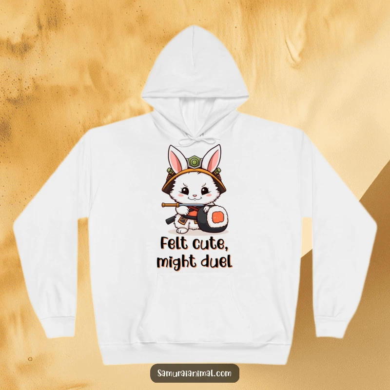 Funny Rabbit Samurai Hoodie: A cozy hoodie depicting a rabbit warrior in a samurai helmet fending off a sushi roll.