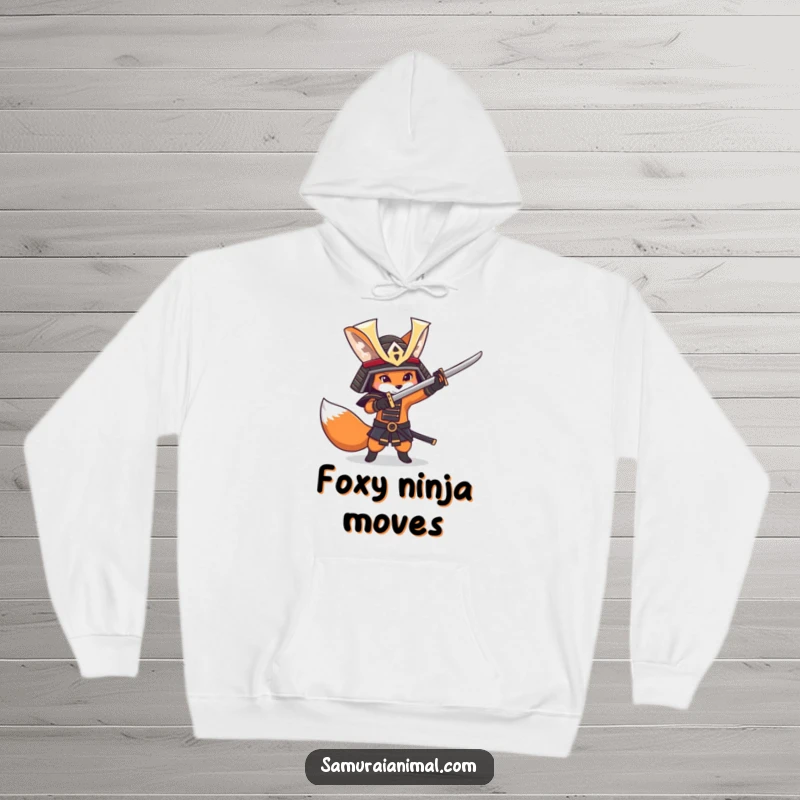 Funny fox wearing a samurai helmet, playfully swinging a sword, designed for a cozy and humorous hoodie.