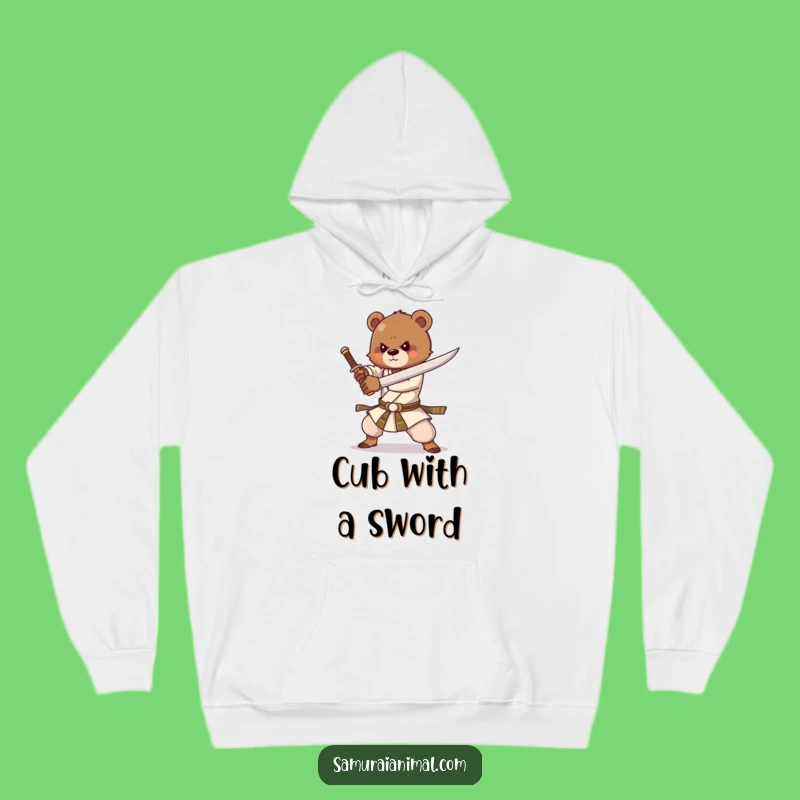 Funny Bear Cub Sword Hoodie: Cozy Cartoon Power for Enthusiastic Comfort
