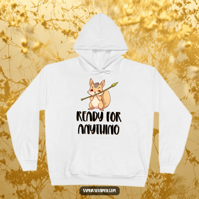 Funny hoodie with a brave squirrel holding a sharpened bamboo spear, offering warmth and adventurous charm.