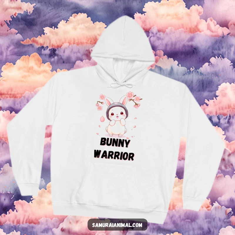 Funny Hoodie featuring a fluffy bunny warrior in a small helmet, skillfully parrying a falling cherry blossom petal.