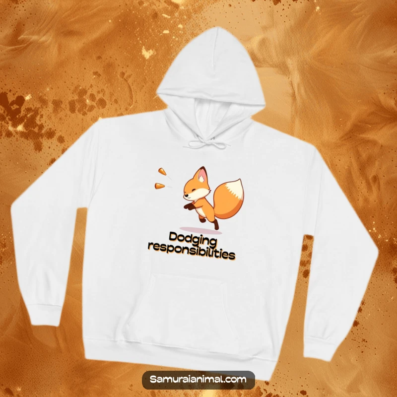 Funny hoodie depicting a small fox in a swift, comical dodge from an unseen, oversized imaginary object, exuding playful panic.