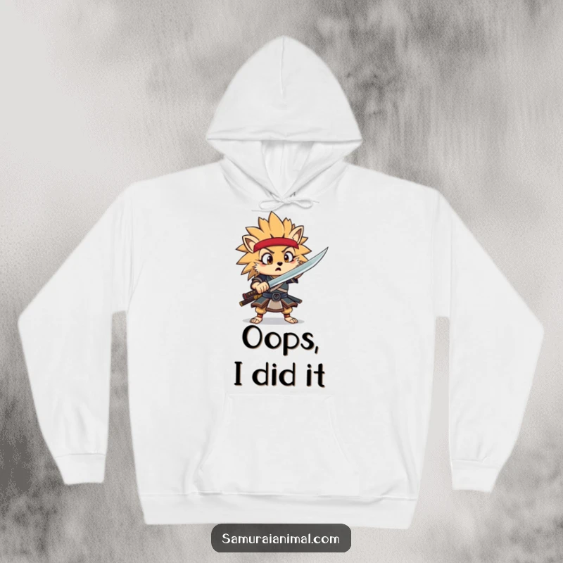 Funny Hedgehog Samurai Hoodie showcasing a surprised hedgehog warrior in armor mid-flourish, perfect for cozy laughs.