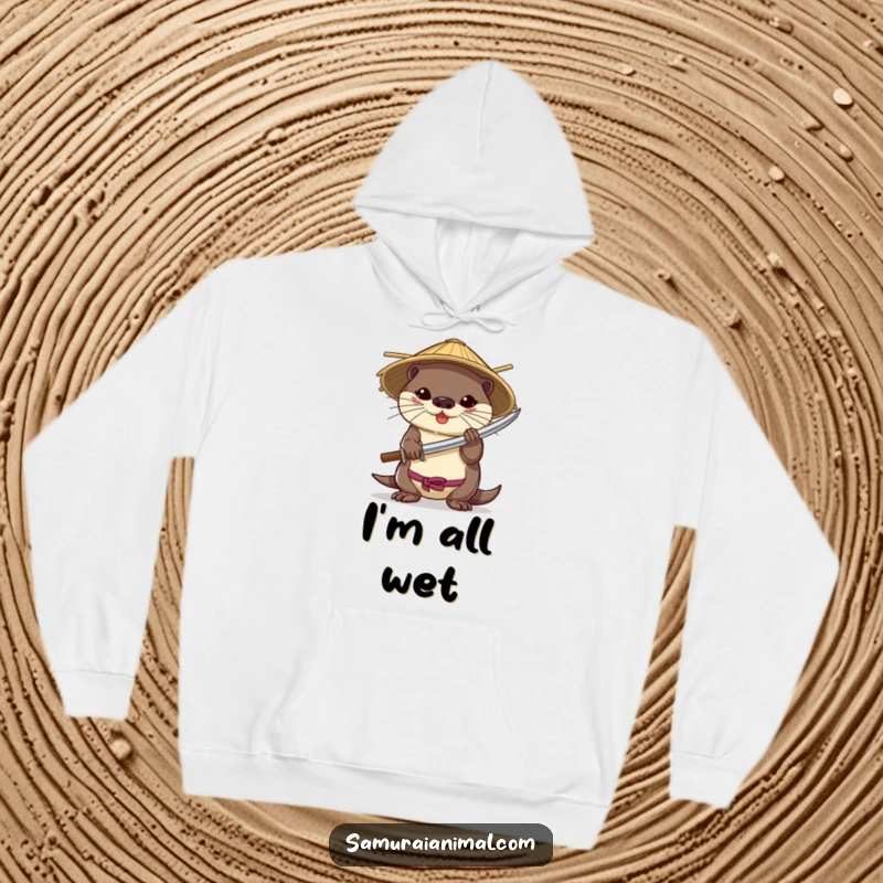 Funny hoodie featuring a brave otter wearing a bamboo hat and wielding a miniature katana, looking ready for battle.