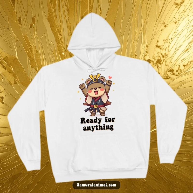 Funny hoodie depicting a courageous bear dressed as a samurai, cheering with joy, designed for ultimate warrior comfort.