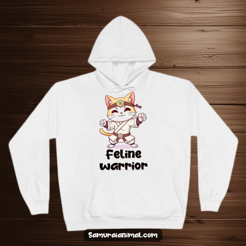Funny hoodie with a cheerful cat striking a powerful samurai pose, complete with a subtle, gentle smile.