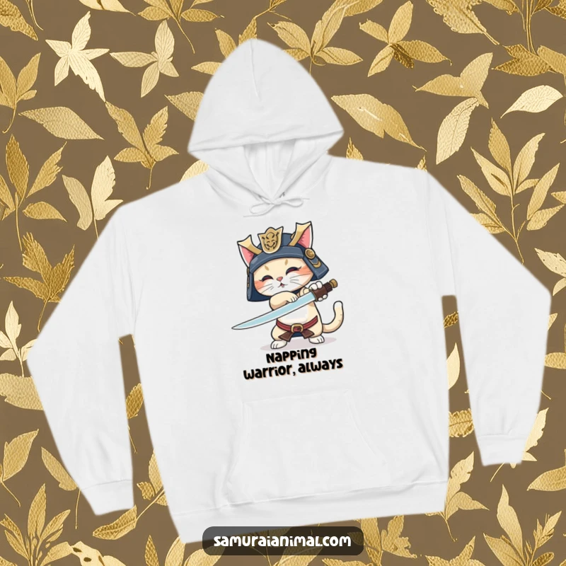 Funny Samurai Cat Hoodie: Comfy feline warrior in samurai helmet, preparing a sword trick with a lively, wagging tail.
