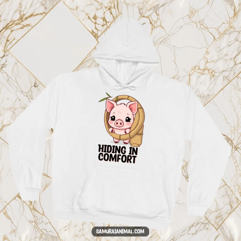 Funny hoodie with a shy piglet peeking from behind a bamboo shield, offering warmth and adorable charm.