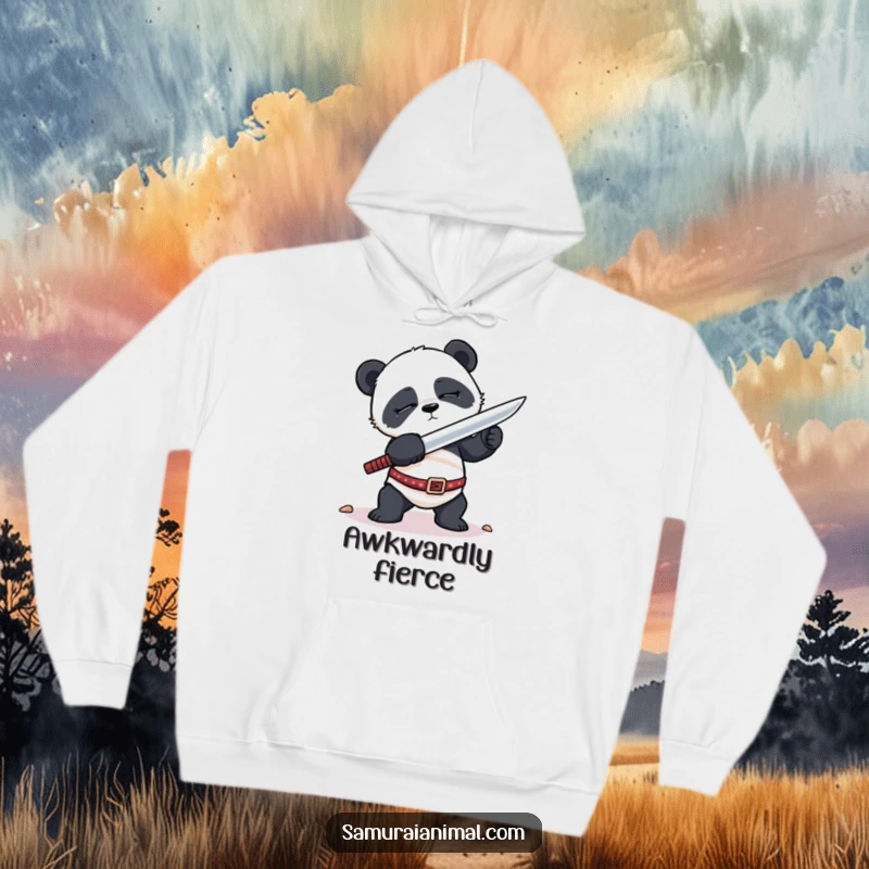 Funny Hoodie featuring a sleepy panda in a hilariously awkward sword-fighting pose, perfect for lounging and embracing the charming struggle.