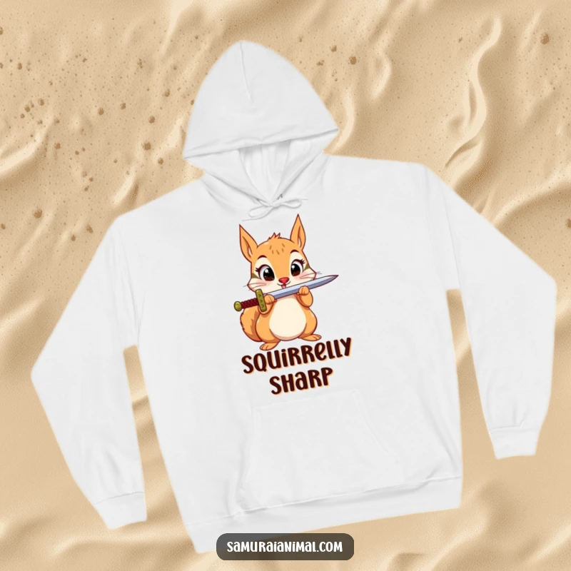 Funny Squirrel Sword Hoodie: A small squirrel with wide eyes hilariously balances a sword on its nose, ready for cozy quests.
