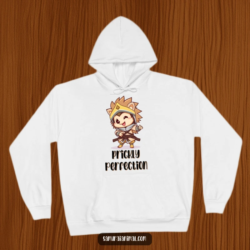 Funny warrior hedgehog hoodie showcasing a happy, armored hedgehog in a playful, mid-spin pose, blending warmth with warrior spirit.