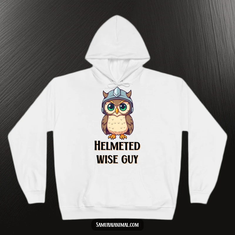 Funny hoodie featuring a thoughtful owl wearing a protective helmet, exuding wisdom and a hint of playful curiosity.
