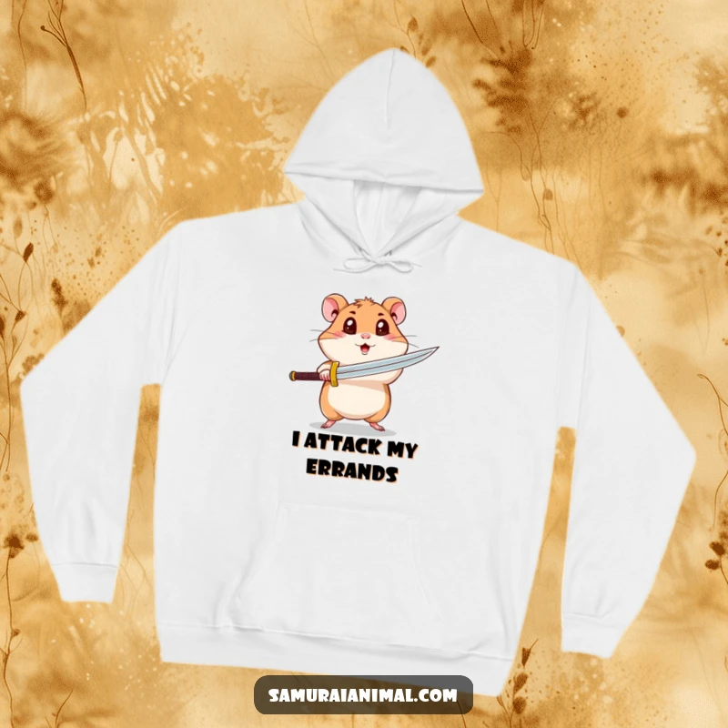 Funny hamster hoodie showing a curious hamster with wide eyes performing a spinning sword attack, offering cozy warmth and humor.