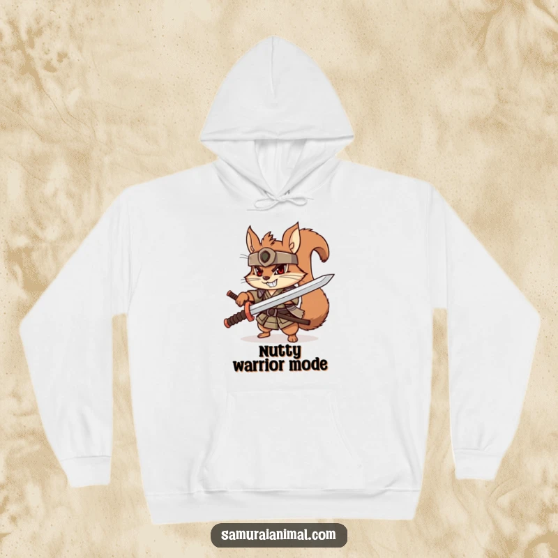Funny squirrel samurai hoodie, playful character with wooden katana, determined grin, cozy warrior wear.