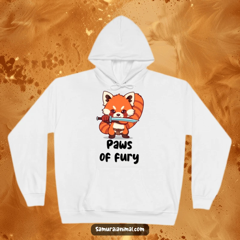 Funny red panda hoodie showing a stylized character in a dramatic sword stance, offering warmth and fierce, adorable style.