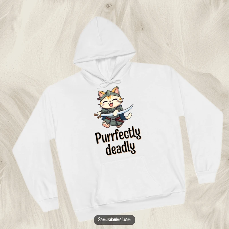 Funny Cat Knight Hoodie: Cozy and warm hoodie featuring a smiling armored cat ready to leap with a katana.
