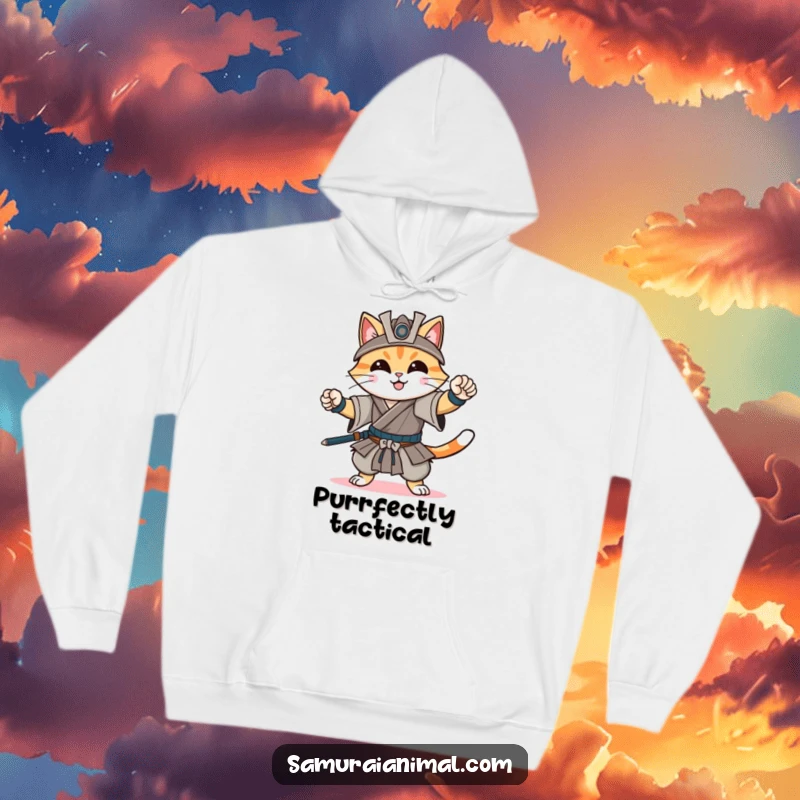 Funny hoodie depicting a cheerful cat in a confident, dynamic samurai pose, radiating a gentle smile and impressive combat readiness.
