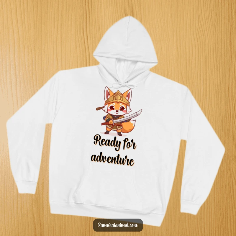 Funny Fox Warrior Hoodie, a cheerful fox in a helmet brandishes a toy sword, comfortable and ready.