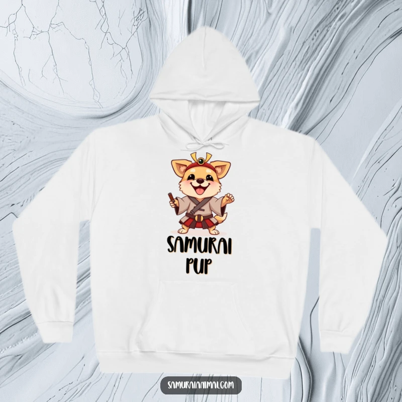 Funny Hoodie with a happy dog wearing a traditional samurai tunic, striking a playful warrior pose.