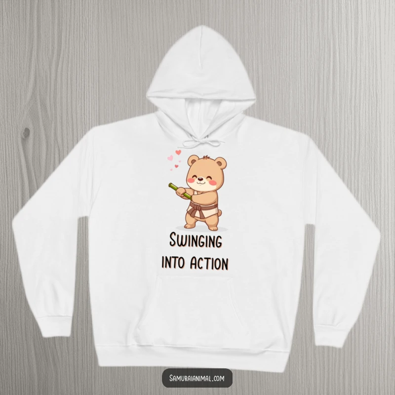 Funny hoodie with a happy bear practicing sword swings with a bamboo stick, perfect for staying warm during training.