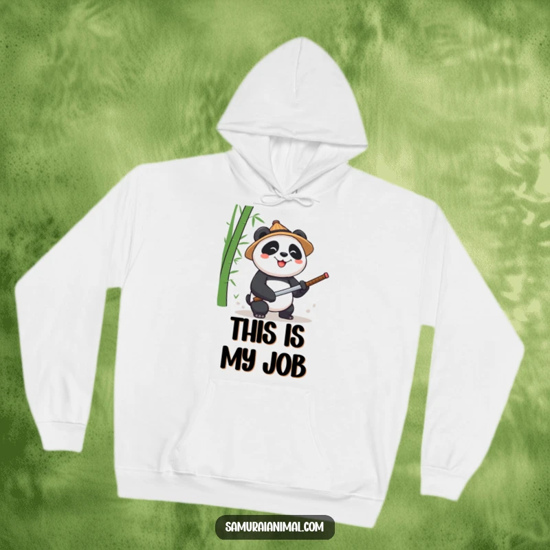 Funny Panda Straw Hat Hoodie: A warm hoodie depicting a panda in a straw hat, chopping bamboo with a small katana.