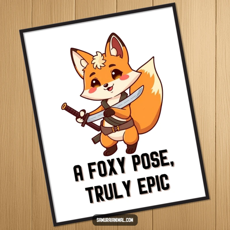 Funny Free Printable Wall Art: A cheerful fox with a tiny sword strapped to its back strikes a heroic, dramatic pose.