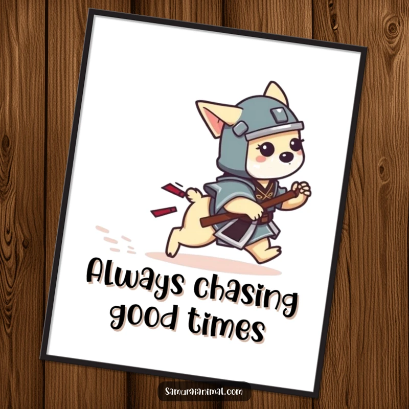 Funny free printable wall art of a tiny dog samurai playfully chasing its own wagging tail, full of energy.