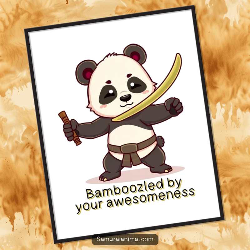 Funny Free Printable wall art: Playful panda warrior with bamboo sword striking a dramatic, humorous pose, ready for action.