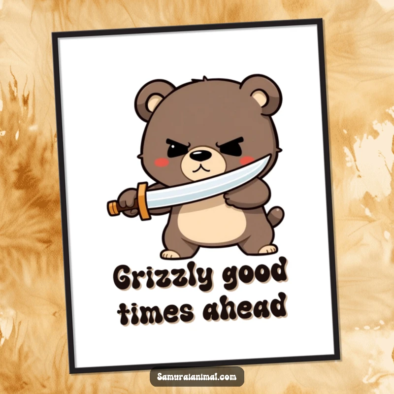 Funny Free Printable wall art of a small bear with a determined grin, parrying with a tiny wooden sword, embodying bravery and adventure.