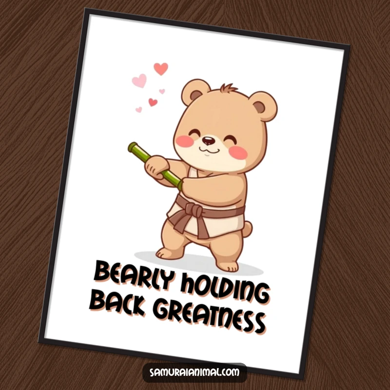 Funny free printable wall art of a happy little bear playfully practicing sword swings with a bamboo stick, ideal for a playful vibe.