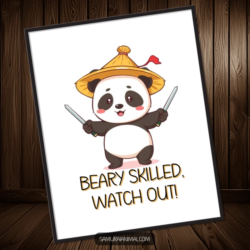 Funny Free Printable Wall Art: A panda in a straw hat amusingly juggles tiny swords with a big smile.