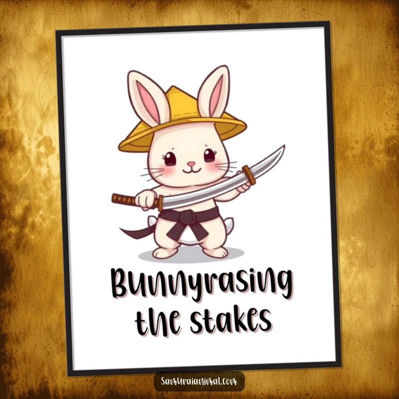 Funny Free Printable Wall Art: A tiny bunny in a conical straw hat playfully brandishing a minuscule katana with a gleeful expression.