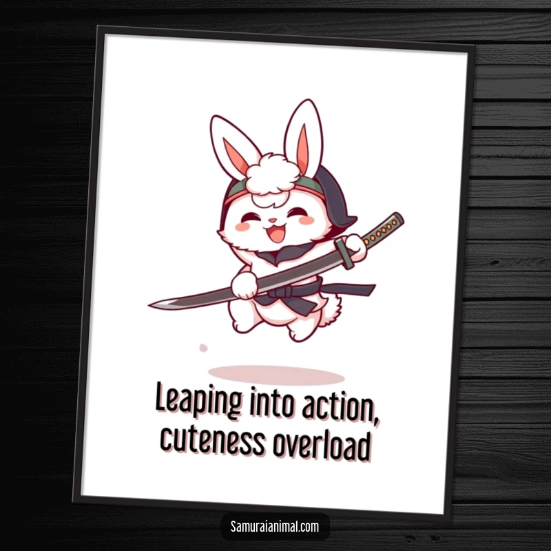 Funny Free Printable Wall Art: A fluffy bunny in a tiny helmet brandishing a cartoon katana mid-leap, ready for action.